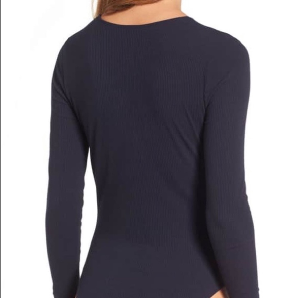 Trouve Navy Blue Rib Lace Up Long Sleeve Bodysuit - Picture 3 of 7